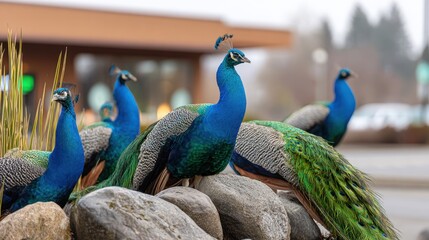 Obraz premium Colorful wild peacocks gather around rocks, showcasing vibrant feathers and unique patterns in a serene outdoor setting with soft lighting