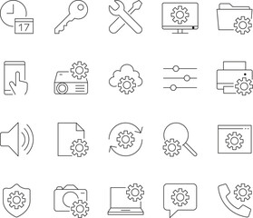 Settings and Configuration Line Icons Set &mdash; Technology, Tools, Cloud, Security, Device Management (Editable Stroke)
