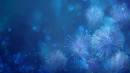 Colorful fireworks on deep blue night sky with glowing stars and bokeh lights festive holiday celebration background with copy space for greeting cards invitations and party banner text