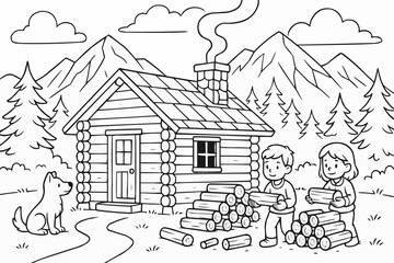 Coloring book for children - Children gathering firewood near log cabin in forest scene  
