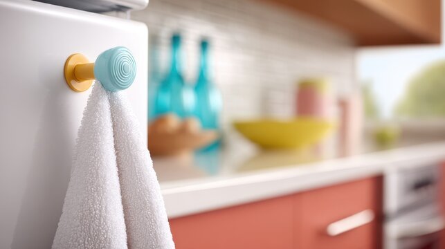 Kitchen towel hanging on a colorful hook near modern appliances, showcasing vibrant decor and inviting atmosphere in a contemporary kitchen space - Powered by Adobe