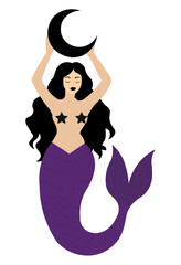 A mermaid holding the moon, with black hair and a purple tail.