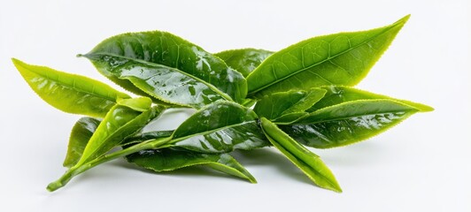 Fototapeta premium The tea leaves with water droplets on white background showing fresh green texture