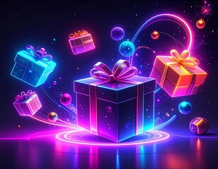 Neon-lit gifts floating amidst swirling lines and ornaments on dark background