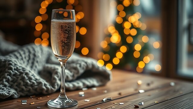 dcf. A champagne flute with golden bubbles on a wooden table beside a cozy blanket and festive confetti. bar promotions, beverage menus, designed for food & beverage menus and cafe branding.
