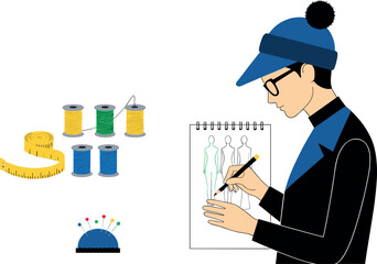 Fashion Designer or Seamstress Sketching a New Garment Design on a Pad While Surrounded by Colorful Spools of Thread and Measuring Tape Vector Illustration.