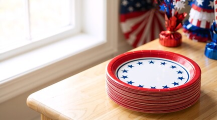 A stack of patriotic paper plates with stars and stripes for a 4th of July party. American holiday celebration supplies on a wooden table with copy space