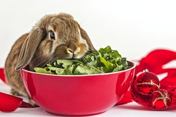 Cute rabbit enjoying leafy greens in a vibrant red bowl, surrounded by festive decorations, capturing the essence of a joyful Christmas celebration