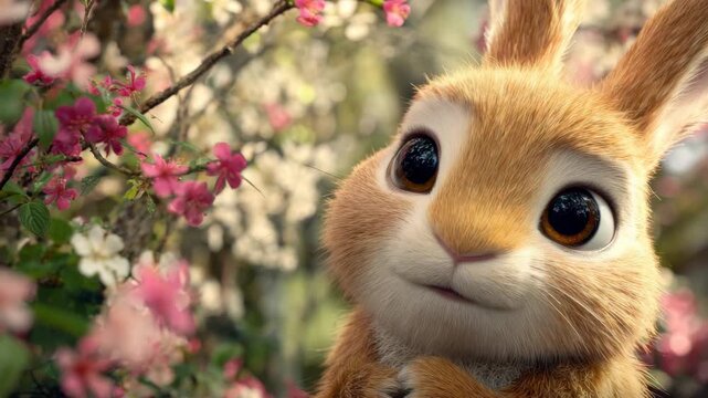Close Up View of Animated Brown Rabbit with Large Eyes and Pink Blossoms in Soft Focus Setting