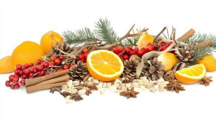 Display of toxic holiday ingredients for reptiles and birds featuring oranges, pine cones, and cinnamon sticks with vibrant topaz accents