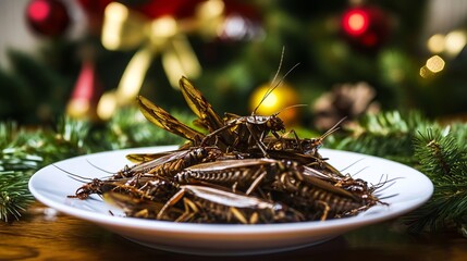 Festive dish featuring safe insects arranged on a white plate, surrounded by holiday greens and decorations, creating a unique culinary experience