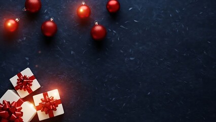 Festive red baubles and white gift boxes on a textured surface