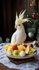 Festive cockatiel perched beside a colorful fruit salad adorned with holiday decorations, creating a joyful and vibrant holiday atmosphere