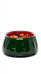 Festive red and green pet bowl filled with chopped fruits and vegetables, showcasing a vibrant and colorful meal for pets during the holiday season