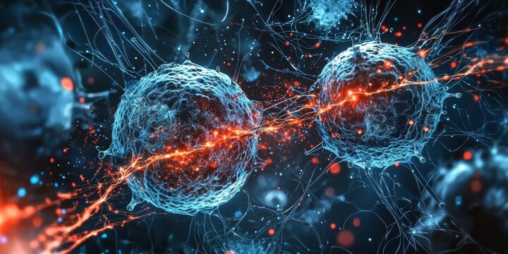 Close-up view of human and virus cells under a microscope.