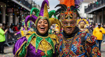 A man and a woman in colorful Mardi Gras costumes demonstrate a contrast of emotions — one character is laughing, the other is serious, but their costumes are equally bright.