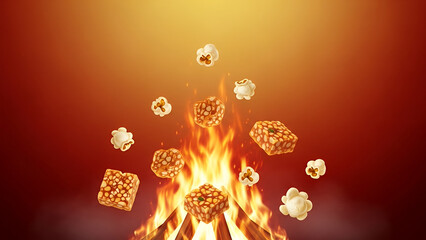 Lohri festival theme, red gold gradient, popcorn and rewari elements around a glowing fire