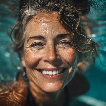 Smiling woman in clear water embracing joy and longevity while swimming under the sun