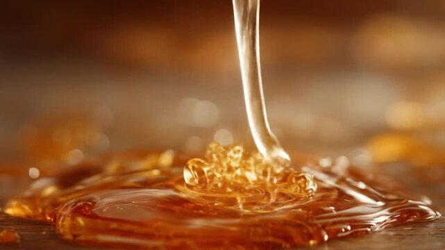 Golden honey pours in a slow stream, forming a warm pool that glistens so softly, across the surface