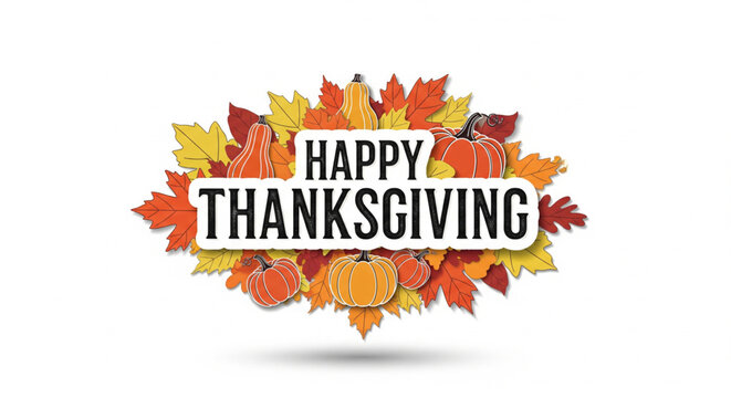 Happy Thanksgiving Cartoon Turkey with Pumpkins and Cornucopias of Fall Harvest Elements