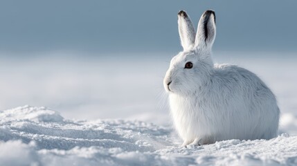 Arctic hare resting on snow during winter in its natural habitat