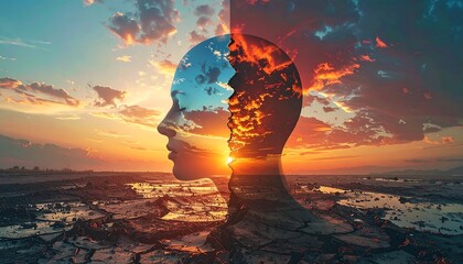Composite image merging a human profile with a sunset and cracked earth, representing duality and internal landscape