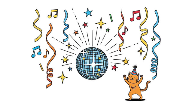 Party Cat: Playful celebration scene featuring an anthropomorphic cat dancing under a sparkling disco ball with streamers, stars, and musical notes, radiating joy.
