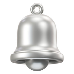 Silver 3D single christmas bell with ribbon. Minimal luxury metallic instrument for holiday announcement, winter sound chime, new year celebration and elegant festive notification icon.