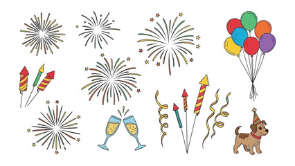 Festive Celebration Elements: A collection of celebratory graphic elements, showcasing fireworks, balloons, confetti and party elements to create visual joy.