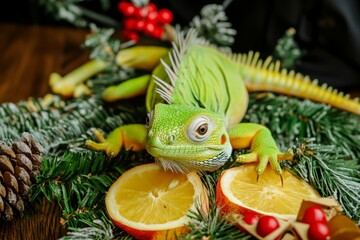 Vibrant green iguana resting on holiday greens and citrus fruits, surrounded by festive decorations, showcasing a healthy holiday feast for reptiles and birds