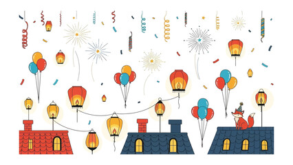 Festive Sky: Celebration elements float in a vibrant display, featuring colorful hot air balloon, lanterns, fireworks.