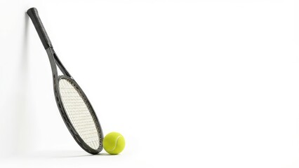 Tennis Racket Leaning Against Wall Next to Bright Yellow Tennis Ball on White Background