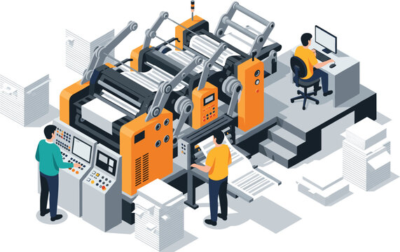 Isometric vector illustration of a massive industrial printing press machine with multiple workers overseeing paper production, symbolizing large-scale publishing, graphics, and production control.