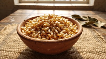 Clay bowl full of puffed rice on a jute mat. Traditional Indian snack murmura or muri on a rustic wooden table. Concept for Makar Sankranti and Pongal harvest festival