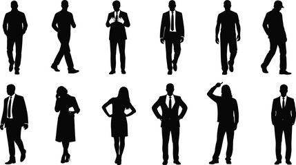 Silhouette business people standing, walking, posing in professional attire, diverse corporate figures, leadership concept, teamwork representation, modern workforce illustration, isolated characters
