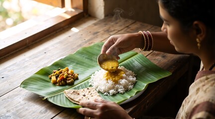 Traditional Indian meal served on a banana leaf. Woman pouring hot dal onto rice for Pongal or Makar Sankranti festival