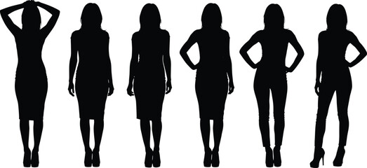 Obraz premium silhouette women standing, female figures posing, elegant woman outlines, fashion model shapes, confident posture illustration, isolated female silhouettes, modern woman poses