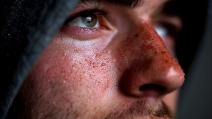 Close up of a sweaty face, with sweat drops visible on skin texture.