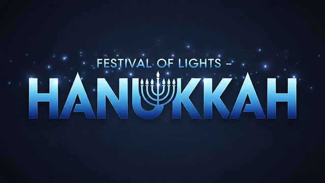 Modern bold typography artwork with the text “Festival of Lights, Hanukkah”, geometric letters with blue gradient, menorah silhouette integrated into the design - Powered by Adobe