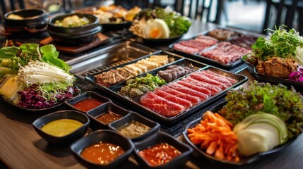 Obraz premium A vibrant spread of fresh vegetables, marinated meats, and flavorful sauces is set on a table, inviting diners to enjoy a Korean BBQ meal. The atmosphere is lively and warm.