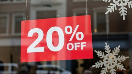 20% OFF" sign hangs in a store window with snowflake decorations
