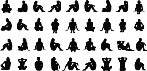 sitting person silhouette set, various seated poses collection, human figure outlines, relaxed posture illustration, diverse sitting characters vector design