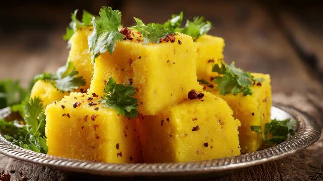 Pile of Steamed Square Dhokla with Cilantro and Spices on Silver Plate on Rustic Wooden Table Top Lit with Soft Natural Light Optimized for Adobe Stock Photo