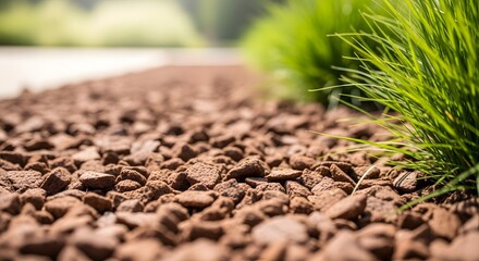 Close-up of earthy recycled rubber mulch with fresh green grass, illustrating a sustainable ecology concept for landscaping.
