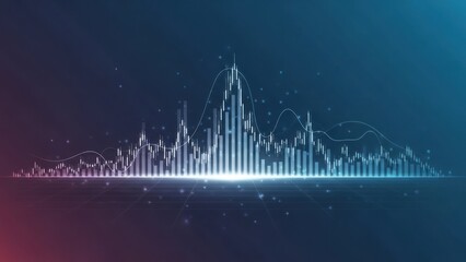 Abstract data visualization, gradient background, glowing bar chart, line graph overlay