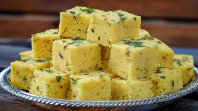 Pile of Yellow Dhokla Cubes Garnished with Cilantro on Silver Platter Against Wooden Background