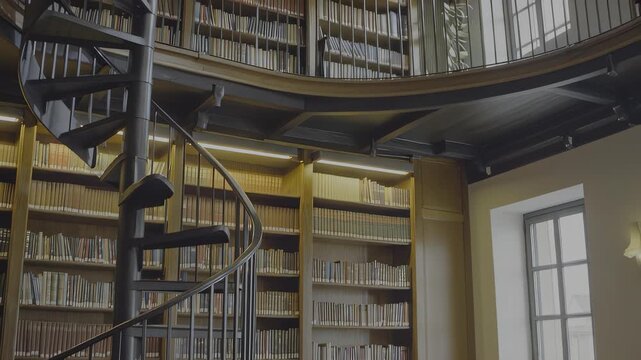 Spiral staircase in a library with floor to ceiling bookshelves