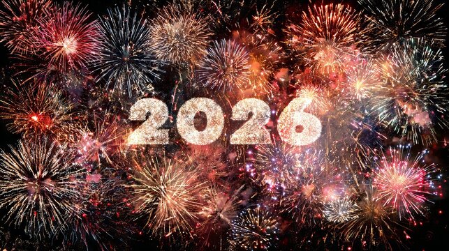 Happy New Year 2026 countdown clock on abstract glittering midnight sky with sparkling lights and bokeh copy space festive party invitation background for New Years Eve celebration - Powered by Adobe