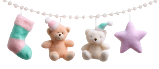 Isolated Pastel Christmas Decorations Garland with Teddy Bears on Transparent Background
