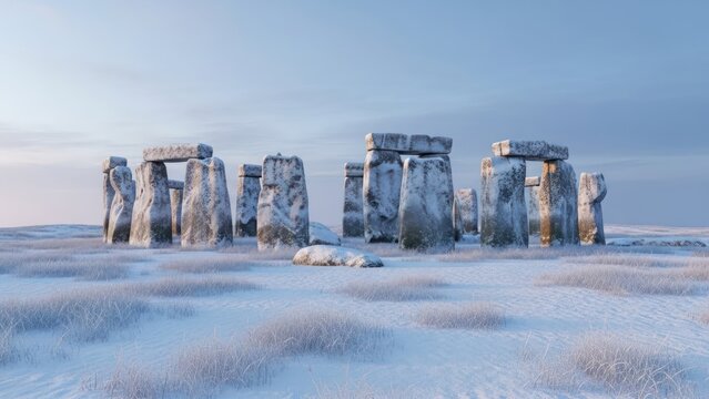 Ancient stones stand on a snowy field under a pale blue sky, wintry landscape